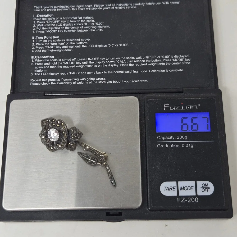 Judith Jack Sterling Silver‎ Marcasite Flower Brooch Pin Cubic Zirconia Rose JJ